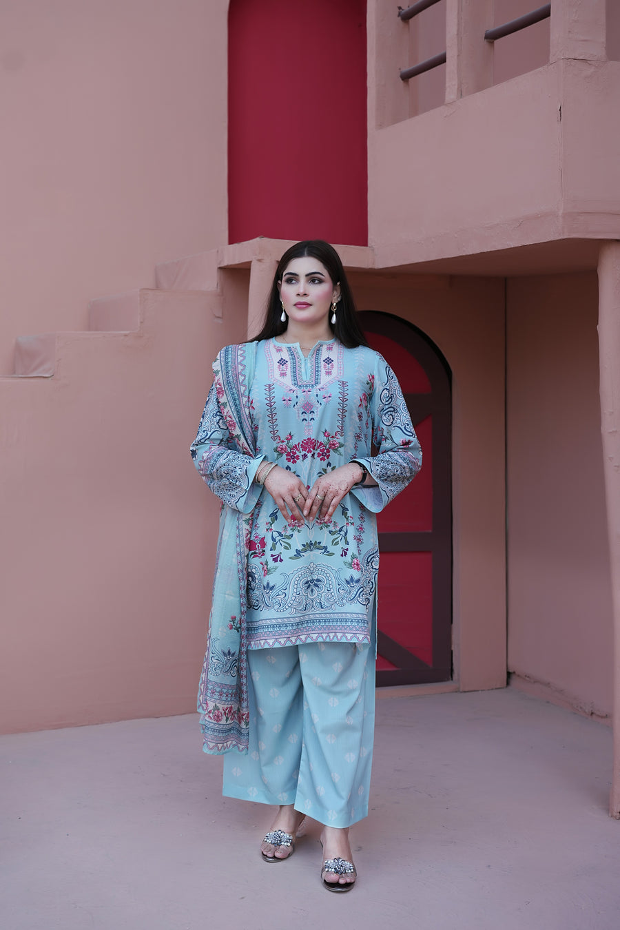 Azure Blossom – 3-Piece Printed Suit