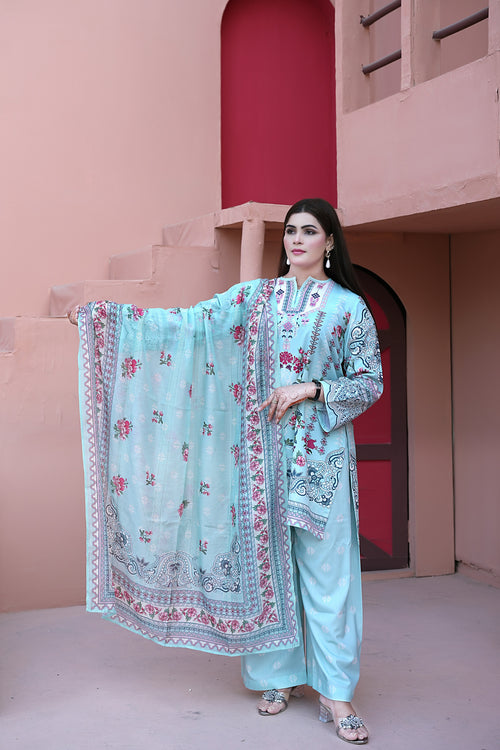 Azure Blossom – 3-Piece Printed Suit