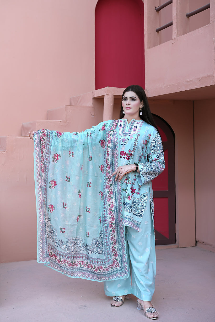 Azure Blossom – 3-Piece Printed Suit