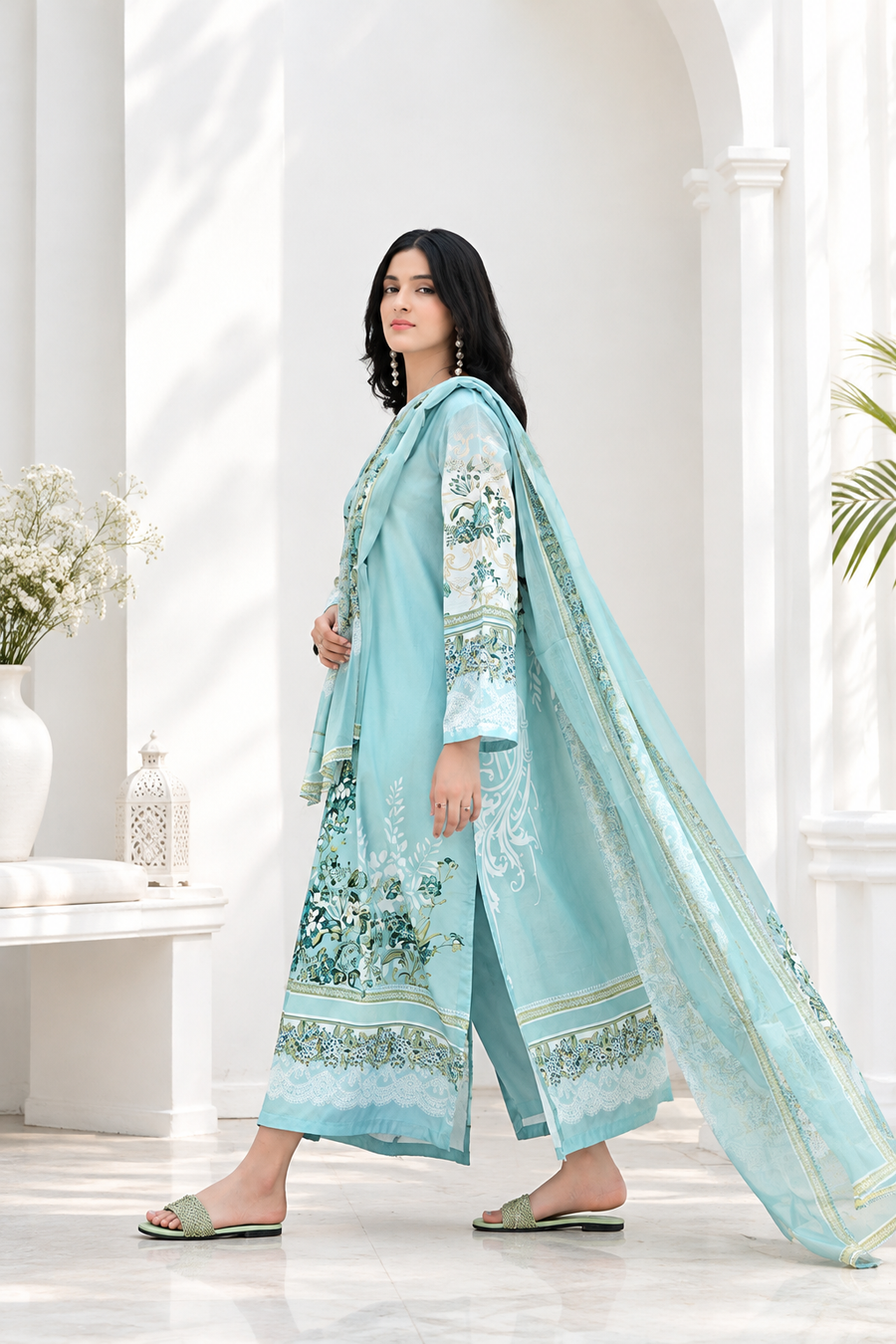 Aqua Bloom – 3 Piece Printed Kaftan Set