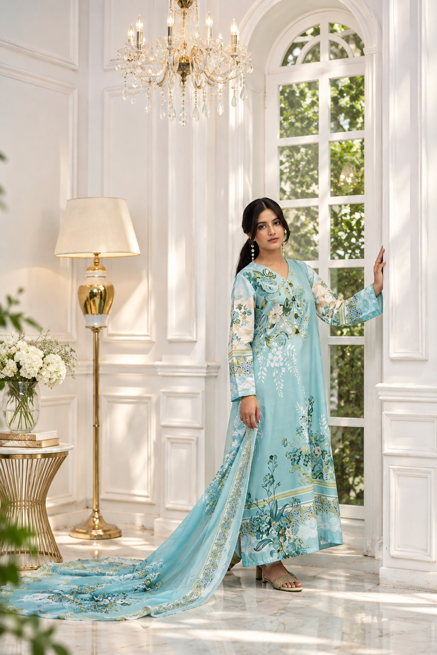 Aqua Bloom – 3 Piece Printed Kaftan Set